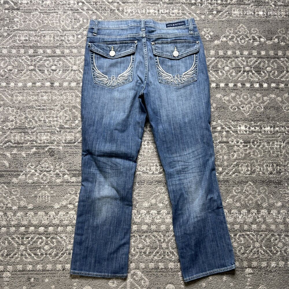 Rock & Republic Kendall Crop Bootcut Jeans Womens 12 Blue Angel Wings Denim